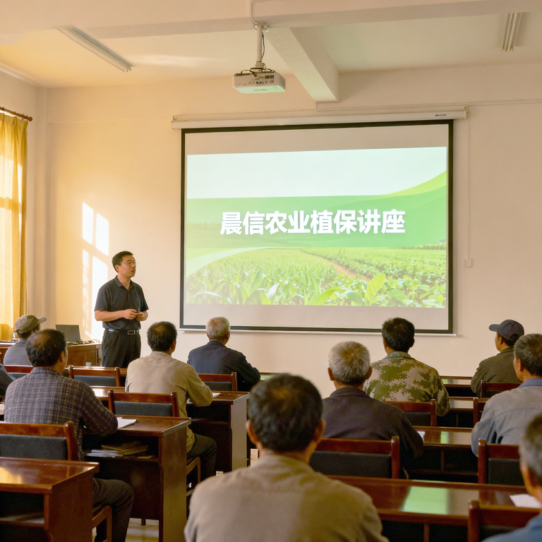 jimeng-2025-11-12-1571-晨信农业植保技术培训讲座，在多媒体教室，讲师给农户讲解植保技术，投影PPT，画面...