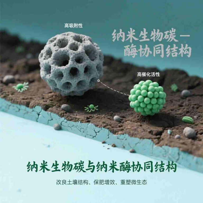 专业科技风插图，核心呈现纳米生物碳与纳米酶的协同结构：左侧为多孔状纳米碳（灰色，标注 “高吸附性”）20251128193