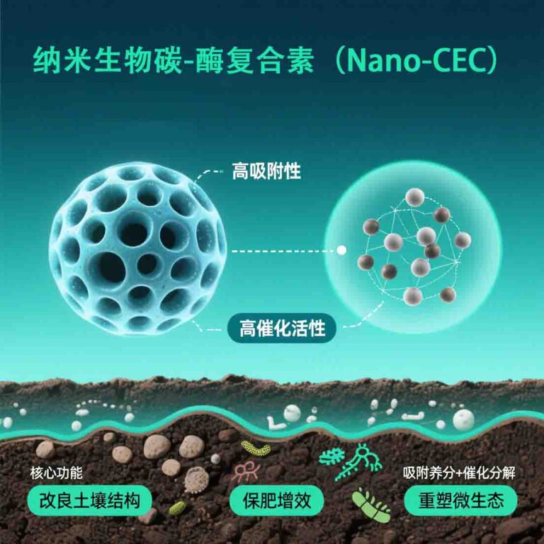 专业科技风插图，核心呈现纳米生物碳与纳米酶的协同结构：左侧为多孔状纳米碳（灰色，标注 “高吸附性”）20251128561