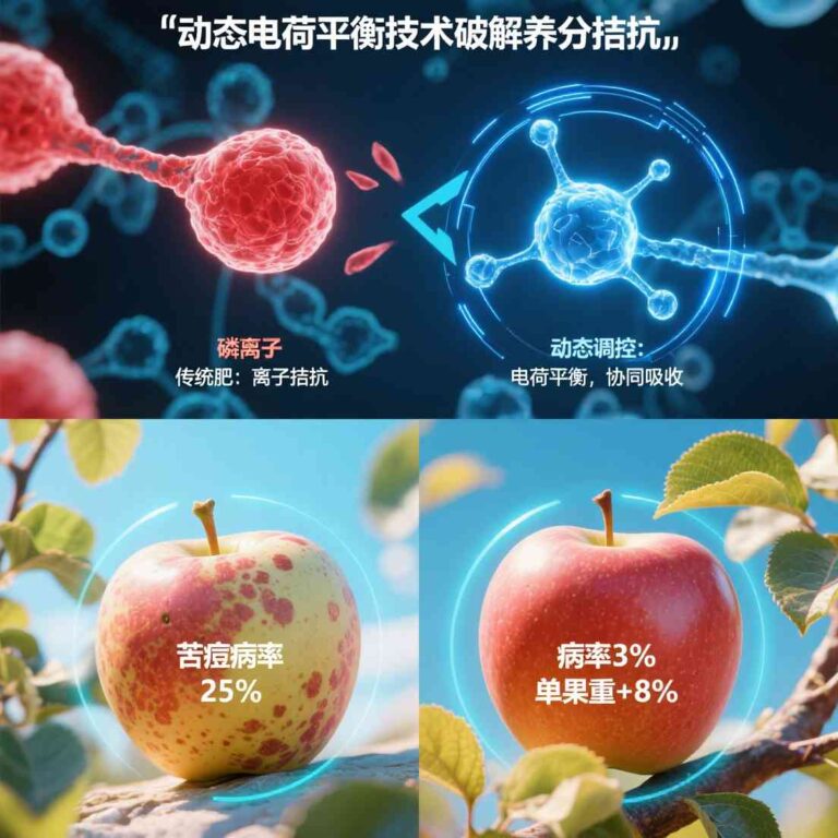 主题为“动态电荷平衡技术破解养分拮抗”，上半部分：微观视角展示养分离子，左侧红色“磷离子”与蓝色“钙20251121260_1763697709539