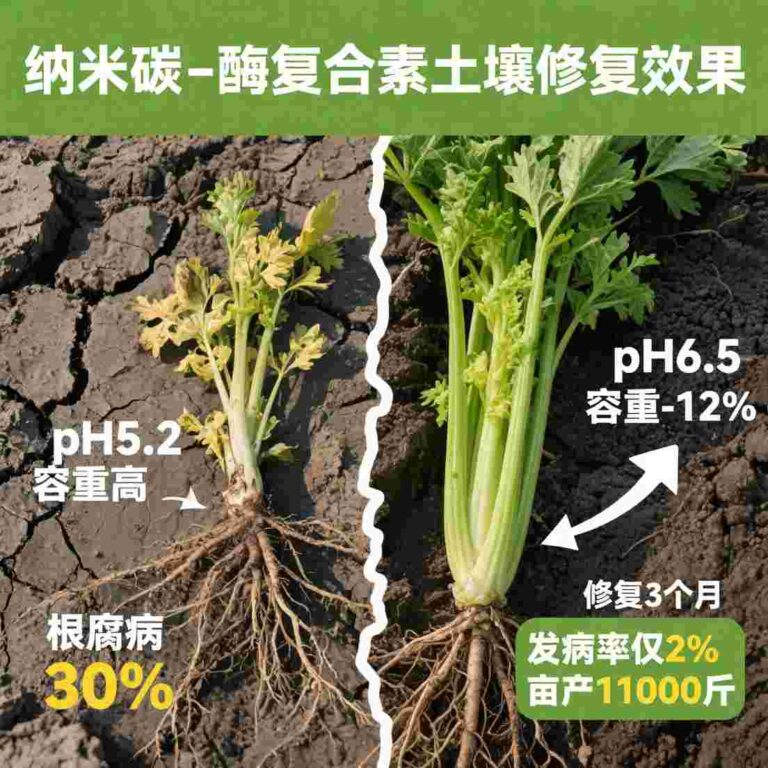 主题为“纳米碳-酶复合素土壤修复效果”，核心是纵向土壤剖面对比——左：板结硬土（标注“pH5_1763698124315