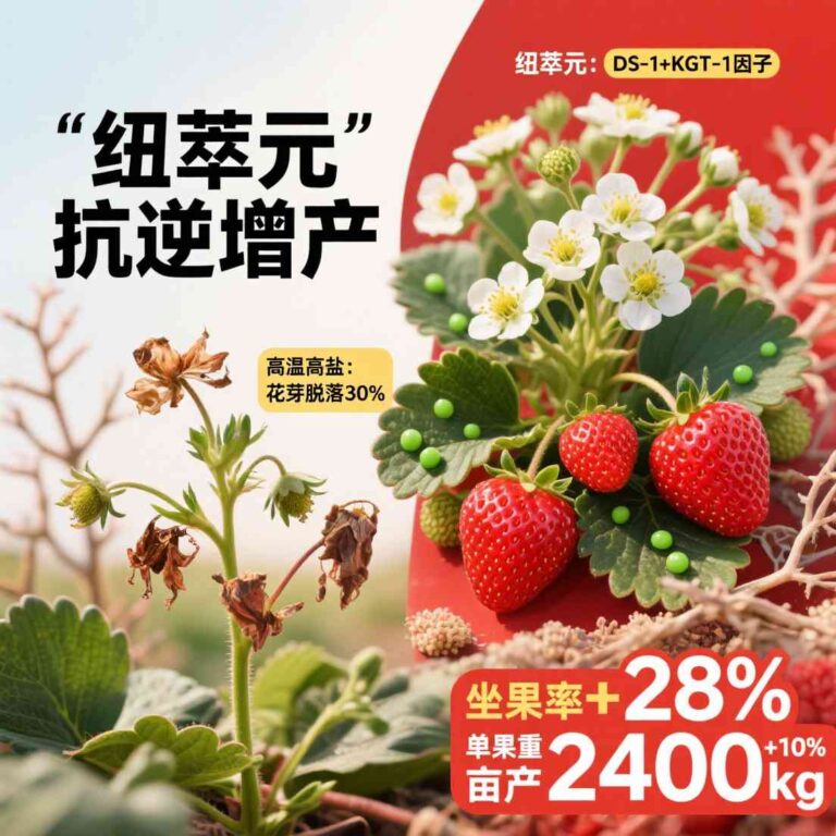 主题为“纽萃元抗逆增产”，视觉中心为草莓植株，左侧：部分花朵枯萎脱落（标注“高温高盐：花芽脱落30251121100_1763697434220