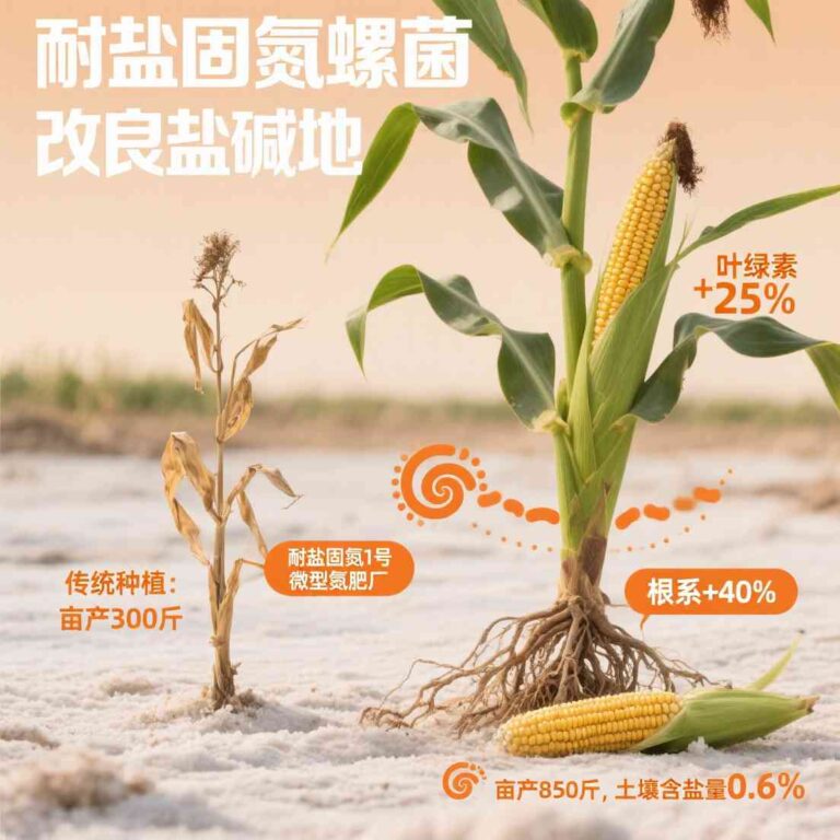 主题为“耐盐固氮螺菌改良盐碱地”，背景为盐碱地场景（地表泛白，标注“含盐量0_1763697706308