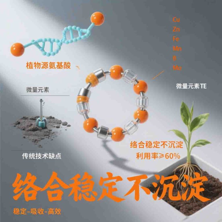 分子结构科技插图，核心呈现络合反应机制：左侧为植物源氨基酸分子（浅蓝色链状结构，标注 “植物源氨基酸20251128114