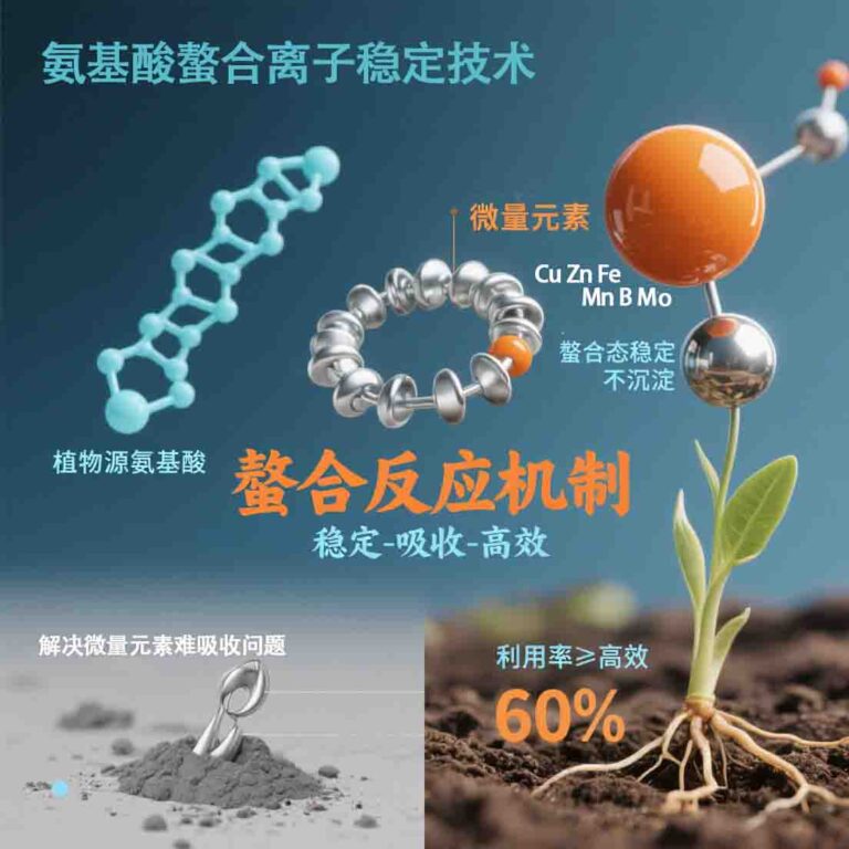 分子结构科技插图，核心呈现螯合反应机制：左侧为植物源氨基酸分子（浅蓝色链状结构，标注 “植物源氨基酸20251128954
