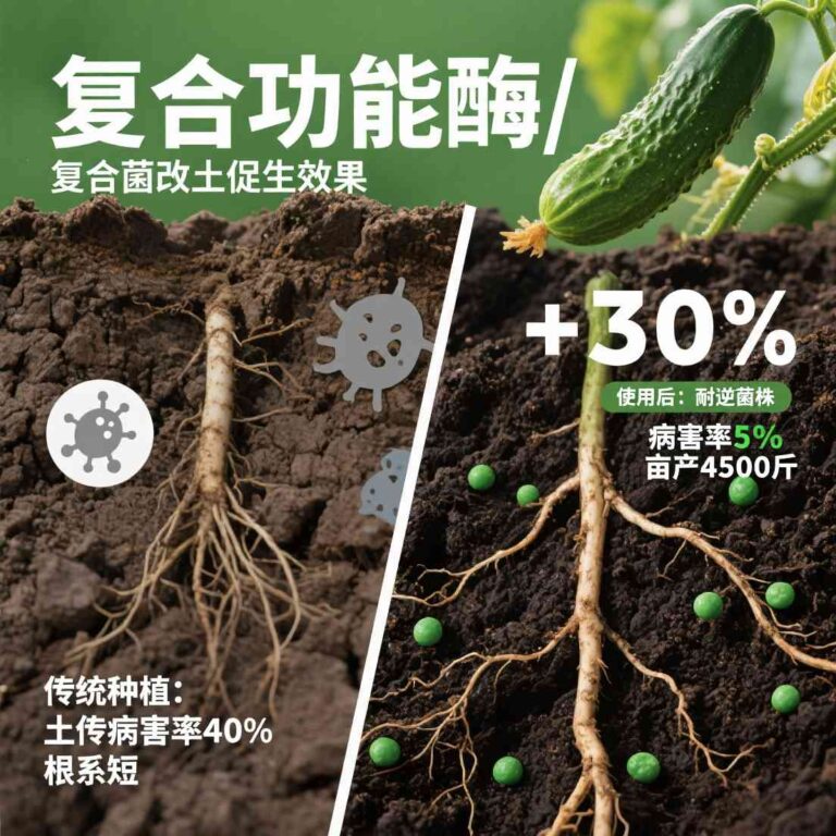 复合菌改土促生效果”，视觉主体分左右两栏对比——左栏：板结土壤剖面，黄瓜根系短小20251121541_1763697705340