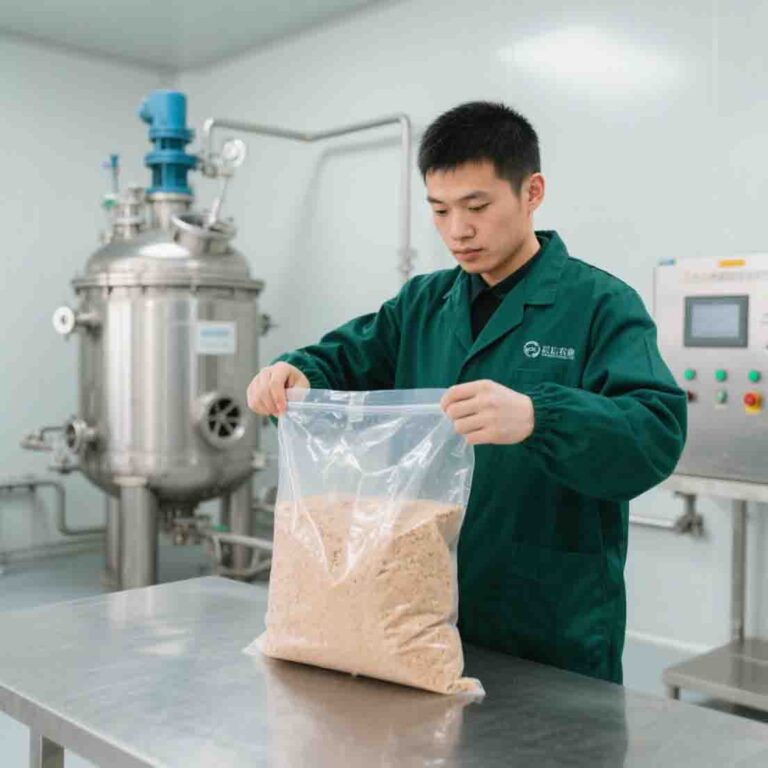 工人（深绿色工装）将酶解后均质化基材（细腻无结块，浅褐色）装入密封袋，背景是恒温酶解反应釜（简洁无油20251121961