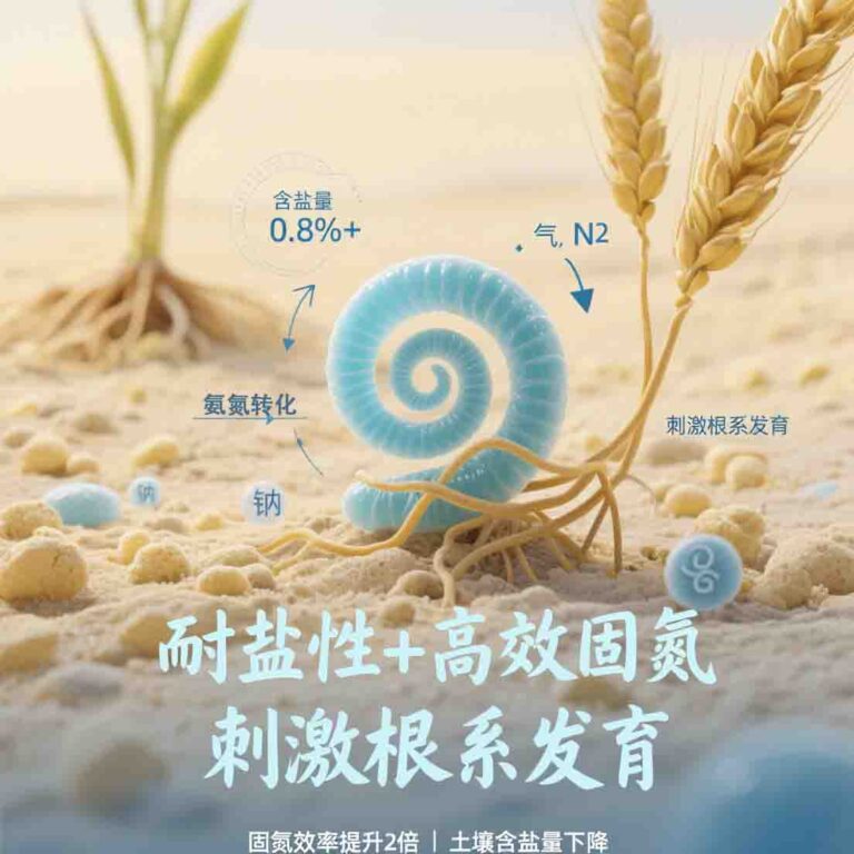 微生物科技插图，主体为耐盐固氮螺菌的微观形态（螺旋状菌株，浅蓝色，标注 “耐盐性 + 高效固氮”）；20251128250