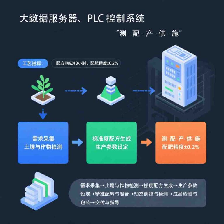 数据驱动型工艺流程图，串联 “需求采集→土壤与作物检测→梯度配方生成→生产参数设定→精准配料与混合→20251127291