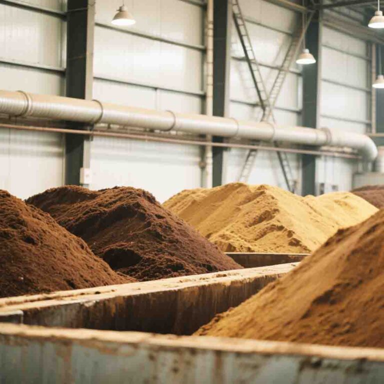 有机肥发酵车间，发酵槽里堆满了咖啡色和黄褐色粉末20251129414